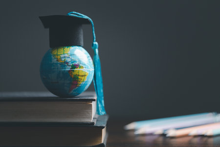 Graduation cap with Earth globe. Concept of global business study, abroad educational, Back to...