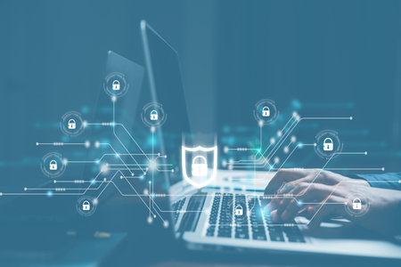 Cybersecurity and privacy concepts to protect data. Lock icon and internet network security technology. Businesswoman protecting personal data on laptop computer with virtual screen interfaces.の写真素材