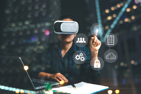 Businesswoman wearing VR glasses and accessing the Cloud Computing Technology Internet Storage Network Concept And a large database big data Through internet technology. Metaverse technology idea.の写真素材