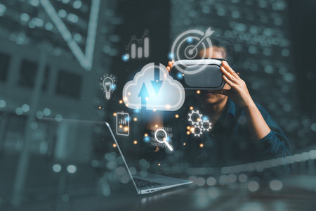 Businesswoman wearing VR glasses and accessing the Cloud Computing Technology Internet Storage...