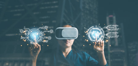 woman wearing VR glasses and accessing Cloud Computing Technology Internet Storage Network Concept...