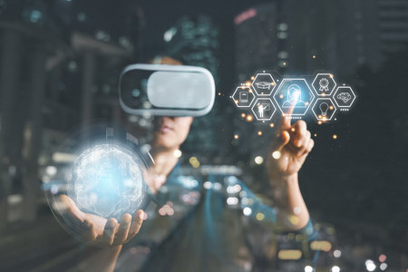 woman wearing VR glasses and accessing Cloud Computing Technology Internet Storage Network Concept...