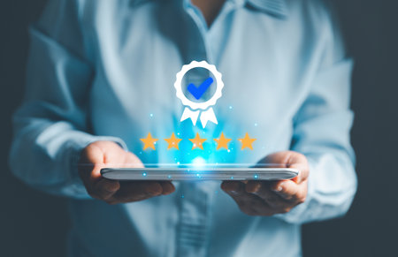 Businesswoman showing award High standards are guaranteed, service quality, Concept on virtual screen. Standards, certification and standardization, satisfaction, service experienの写真素材