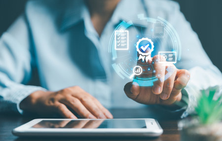 Standard Quality Control Certification Assurance Guarantee Internet Business Technology Concept. Standards, certification and standardization, satisfaction, service experience.の写真素材