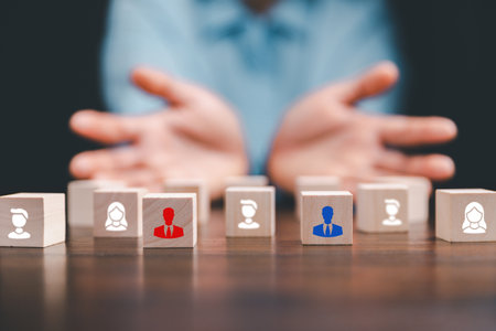 Manager chooses and hiring team for business success. HR manager hand or Employer chooses takes in hand employee. Leader stands out from crowd. Looking for good worker. HR, HRM, HRD conceptsの写真素材