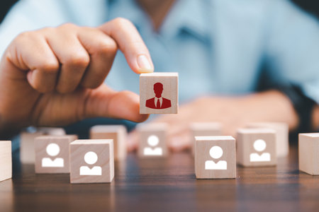Manager chooses and hiring team for business success. HR manager hand or Employer chooses takes in hand employee. Leader stands out from crowd. Looking for good worker. HR, HRM, HRD conceptsの写真素材