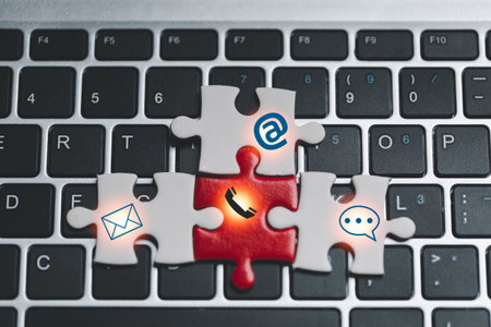 Website page contact us or e-mail marketing concept, Customer support hotline Contact us people connection. email, call phone, address, Chat message icons on keyboard. banner with copy space.の写真素材