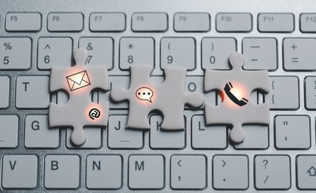 Website page contact us or e-mail marketing concept, Customer support hotline Contact us people connection. email, call phone, address, Chat message icons on keyboard. banner with copy space.の写真素材