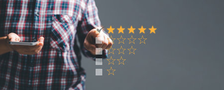 Customer experience with customer service and satisfaction concept. Woman finger touching on five...