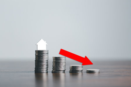 Real estate market, graph, arrow down. Mini house and a stack of coins.The concept of inflation, economic growth, the price of insurance services, growth saving money future for home.の写真素材