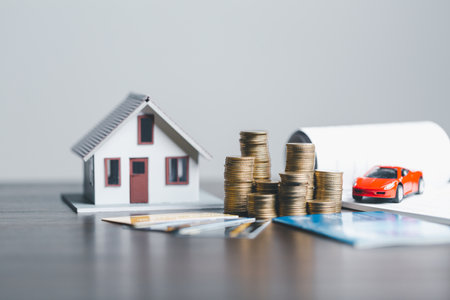 Car and house model with coins and financial document on wooden table. Asset approval concepts purchases to buy a car and a house. Ideas for home buying checklist home loan taxの写真素材