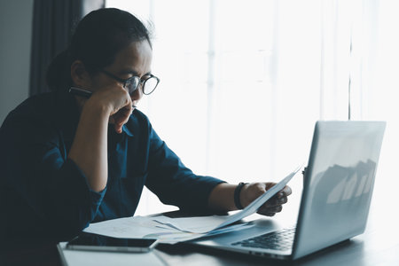 Stress business woman person from hard work, depression in office. Tired and anxious employee female...