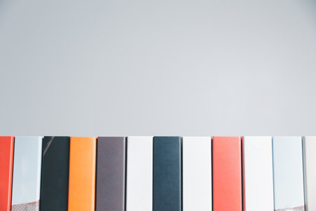 Book stack in the library room and blurred stack book for business and education background, back to school concept. Copy space for text. Distance education, e-learning concept.の写真素材