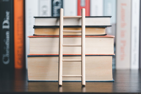 A studying climbing up to the book stack. A concept of education process. Copy space for text. Distance education, e-learning concept. scale that reaches knowledge and freedom.の写真素材