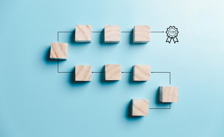 Success and necessary skills in graduation or education. Knowledge and teaching. Wooden cubes with graduation and education symbols linked. education concept. Creative idea and innovation.の写真素材