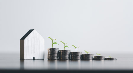 Stack coin with plant growing on and home model for family put on top in office, Business investment loan for real estate or save money for buy new house in future concept. Planning to buy property.の写真素材