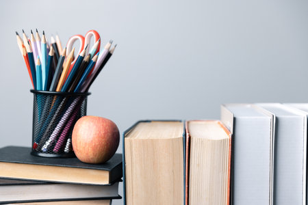 Back to school with stationery background such as books, pens, pencils, globe. Back to school background concept. Students background concept education, school, university and literature.の写真素材