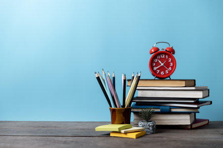 Kids desk creative workspace with school supplies, notebooks. Back to school concept. watercolor...