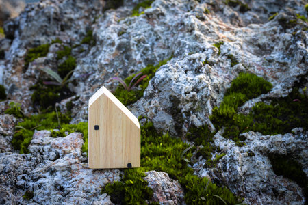 miniature house on rock up over blurred green garden on day noon light.Image for property real estate investment concept. Image for Love couple concept.の写真素材