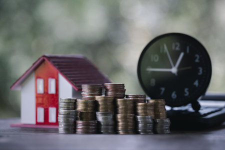 Home Loan and Coins in Serene Nature Background. Finance, Investment, and Real Estate Concept. Coins amidst Tranquil Nature Background. Financial Growth, Property Investment, and Savings.の写真素材