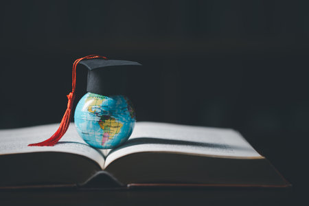 Graduated study abroad international Conceptual, Graduation hat on top Earth globe model...