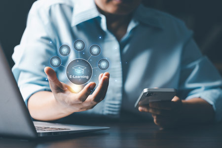 E-learning education internet technology webinar online courses concept. Online education training and e-learning webinar on internet for personal development and professional qualifications.の写真素材