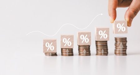 Closeup wood cubes with percentage symbol, Interest rate and dividend concept, wooden block with...