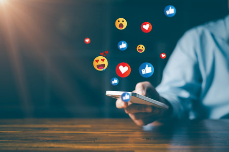 Woman hand using smartphone and show technology icon social media. Concept social network. hand...