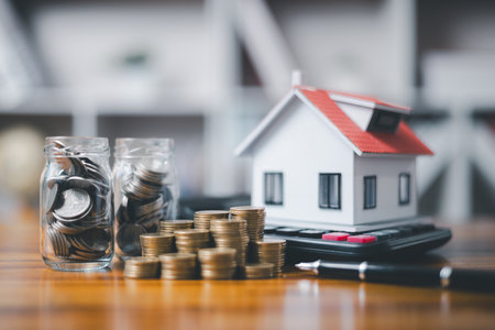 House model and money coins saving for concept saving money for buying a house, investment mortgage finance, and home loan refinance financial plan home. Property insurance and tax money.の写真素材