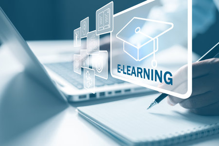 webinar online, education on internet. E-learning education, internet lessons and online webinar. Person who attends online lessons on digital screen. Education internet Technology.の写真素材