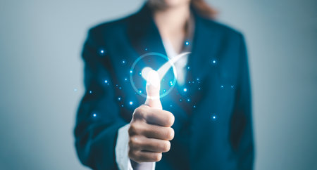 Service guarantee, validation certificate concept for business process automation, quality assurance management, approved, digital evaluation. Business woman touching checked icon on virtual screen.の写真素材