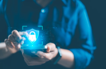 Cybersecurity and privacy concepts to protect data. Lock icon, internet network security technology. Secure cyber security. Businesswoman protecting personal information, attack software computer.の写真素材