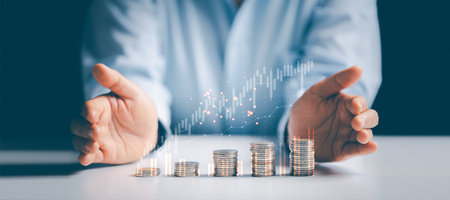 Businesswoman hand with virtual increasing graph with money coins stacking, Business investment...