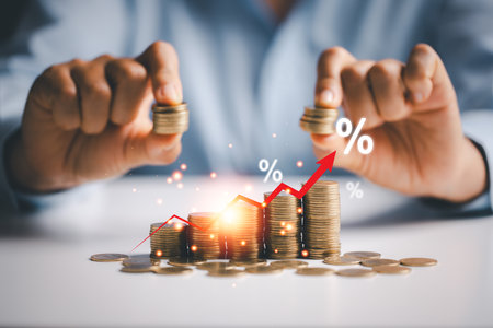 Percentage growth of stock values on finance chart is crucial for assessing interest rates, credit availability, overall profitability, ensuring wise money management in market. investment conceptの写真素材
