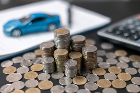 Business concept involved using finance calculator to determine premium for vehicle policy, ensuring clear financial contract for car. Investing in auto insurance can save money on transport costs.の写真素材