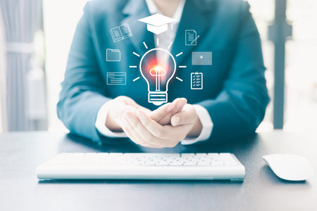 à¹University offers online course where teacher facilitates learning, helping student enhance their cognition and study skills within school of education. education, student, course, learning, online.の写真素材