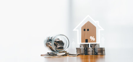 Concept of home loan with low percent interest rate offers finance solution for managing mortgage, credit, and tax in real estate. loan, home, mortgage, solution, percent. banner with copy space.の写真素材