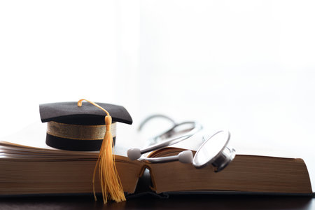 Surrounded by medical books and equipped with stethoscope, embodying years of education and dedication to providing quality health care. Concept of studying medical education. doctor, medicine.の写真素材