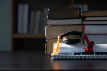 Background of graduation ceremony, people celebrated success of students receiving their higher education certificates, adorned with ribbon, against backdrop of black caps. education, higher.の写真素材