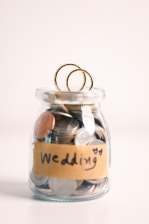 Woman carefully manages her wedding fund, making payments from her bank account and using credit wisely, with the background of sound financial plan supporting her marriage and business commitments.の写真素材
