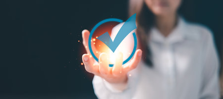 Business technology, concept of quality assurance is highlighted with approval certificate and guarantee, depicted in cyberspace panorama banner with copy space for emphasis. business, technology.の写真素材