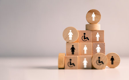 Concept of inclusion and equity in employment ensures that people with disabilities are provided equal opportunities in diverse work environment, promoting both business success and health equality.の写真素材