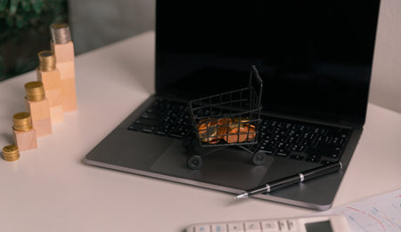 Professional entrepreneur and successful businessperson manages their company from the office, utilizing their laptop for business and entrepreneurship tasks. economy, inspiration, investment, step.の写真素材