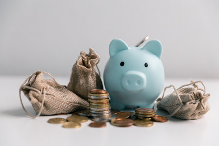 To effectively manage finance, one must save money, budget wisely, and deposit coins and currency into business banking account. pension, property, safety, sale, smart, treasure, toy, care, valueの写真素材