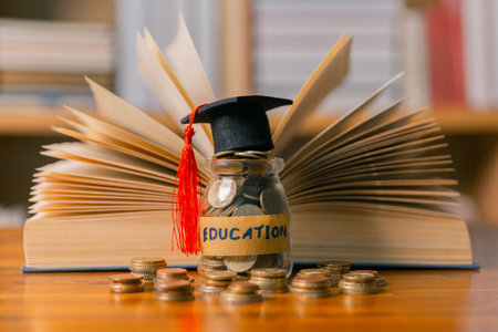 Investing in education abroad, saving coins and money, leads to financial growth, successful graduation, and future success. management, planning, stack, profit, prosperity, step, performance, secureの写真素材