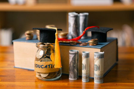 Investing in education abroad, saving coins and money, leads to financial growth, successful...