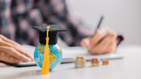 University graduate, holding their diploma and wearing cap and gown, celebrates their education with sense of accomplishment, ready to take on world. diverse, exchange, multicultural, foreign, learnの写真素材