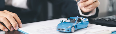 Concept business vehicle finance protection office plan investment buy sell car ensuring idea financial security. automobile agent hand protect purchase insurance and loan deal. banner with copy spaceの写真素材