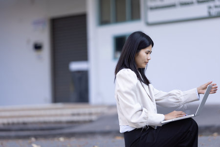 Future remote work combines technology smart phone connection online white digital business woman enable e-learning productivity while travel blend comfort modern devices serenity computer equipmentの写真素材