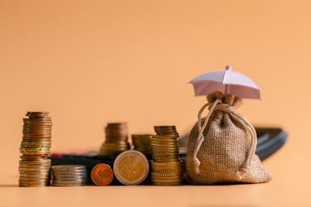 Insurance background money coin concept business protection finance sale financial investment buy automobile purchase loan deal agent rent rental premium assurance save banking tax return calculationの写真素材
